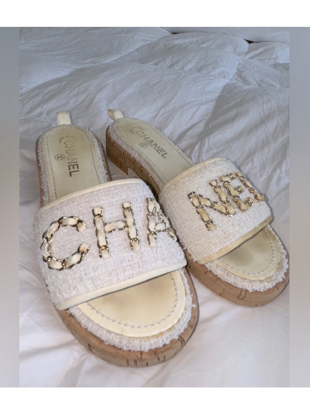 CHANEL Cream Tweed Chain Logo Slide Mules